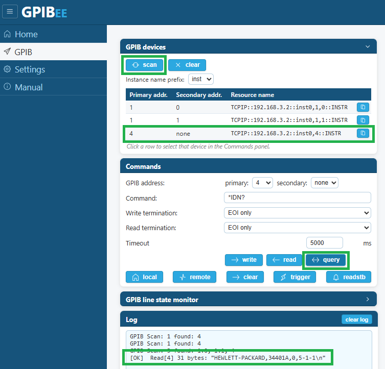 GPIBee web interface showing a GPIB scan result with a device selected, and the *IDN? query response in the Log panel