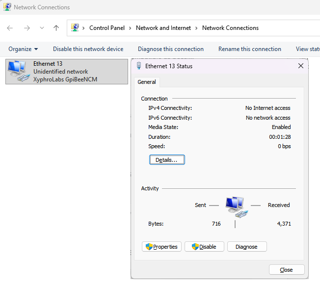Windows Network Connections showing the GPIBee USB network adapter (XyphroLabs GpiBeeNCM)